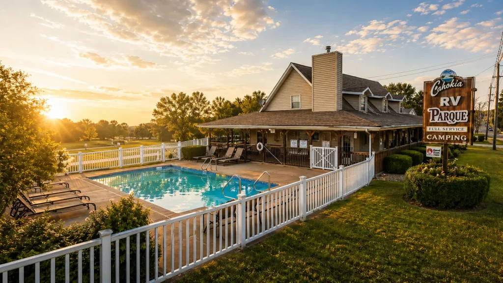 Outdoor pool at Cahokia RV Parque with warm evening light