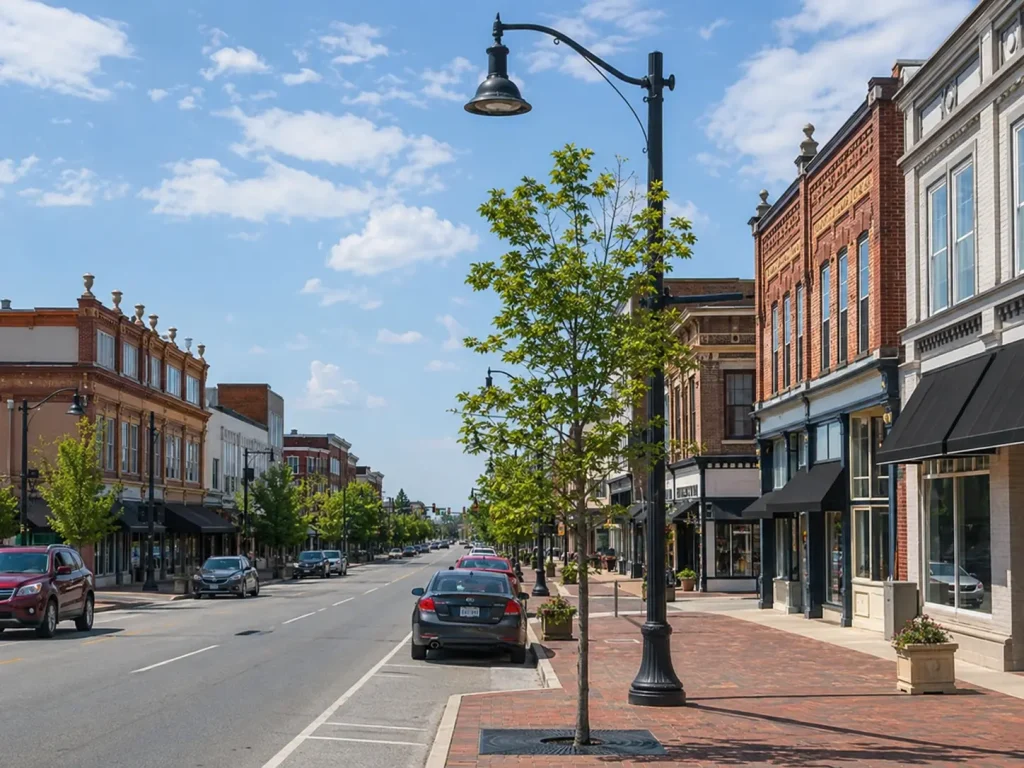 Historic downtown street in Belleville, Illinois, lined with shops and storefronts